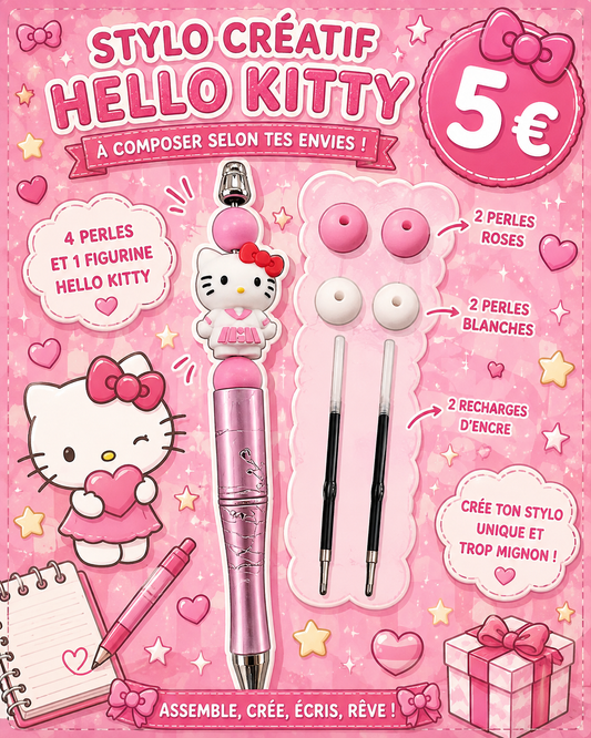 Stylo créatif Hello Kitty - 4 perles , 1 figurine  + 2 recharges d'encre