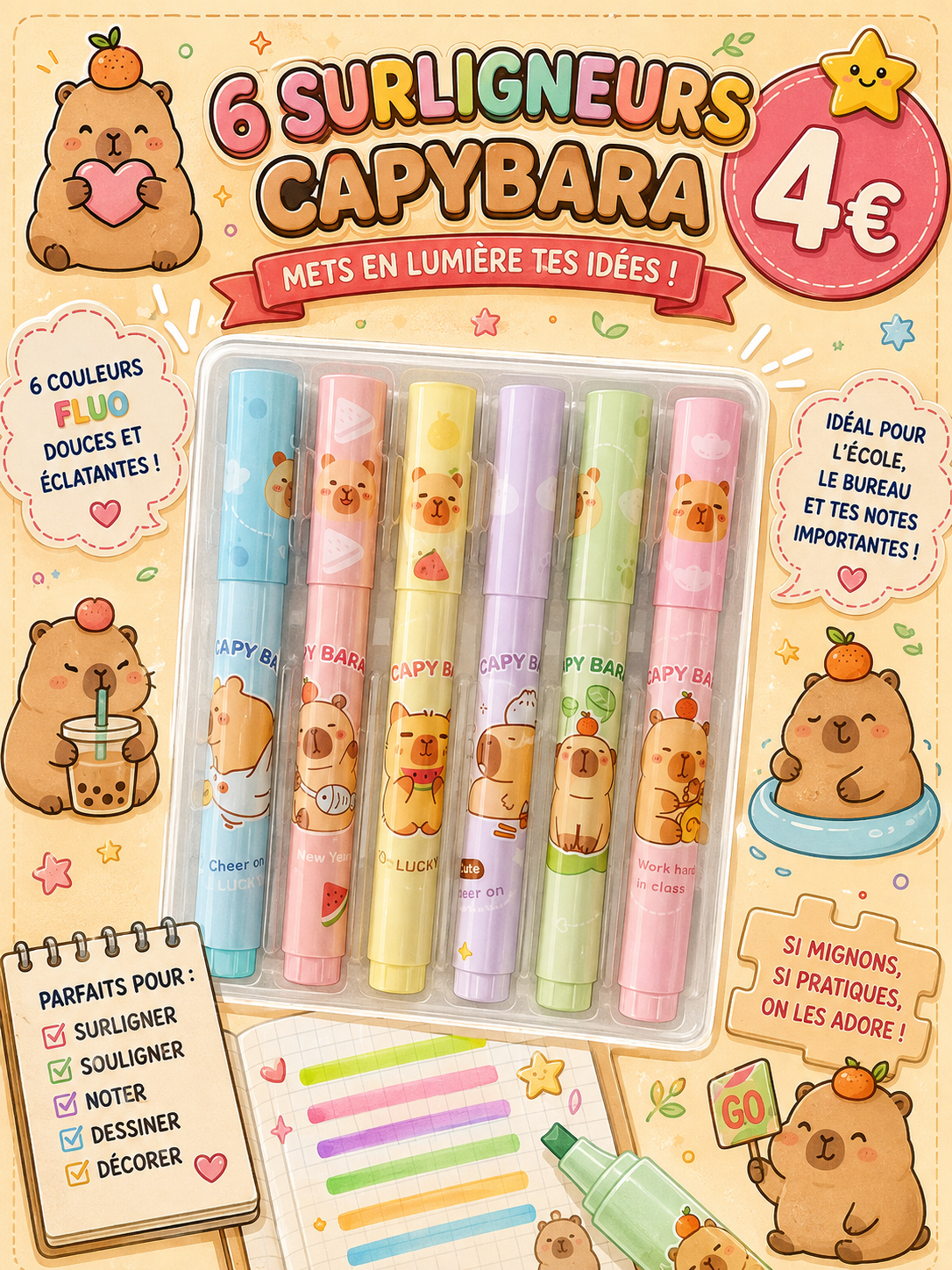 Boîte de 6 feutres fluos Capybara