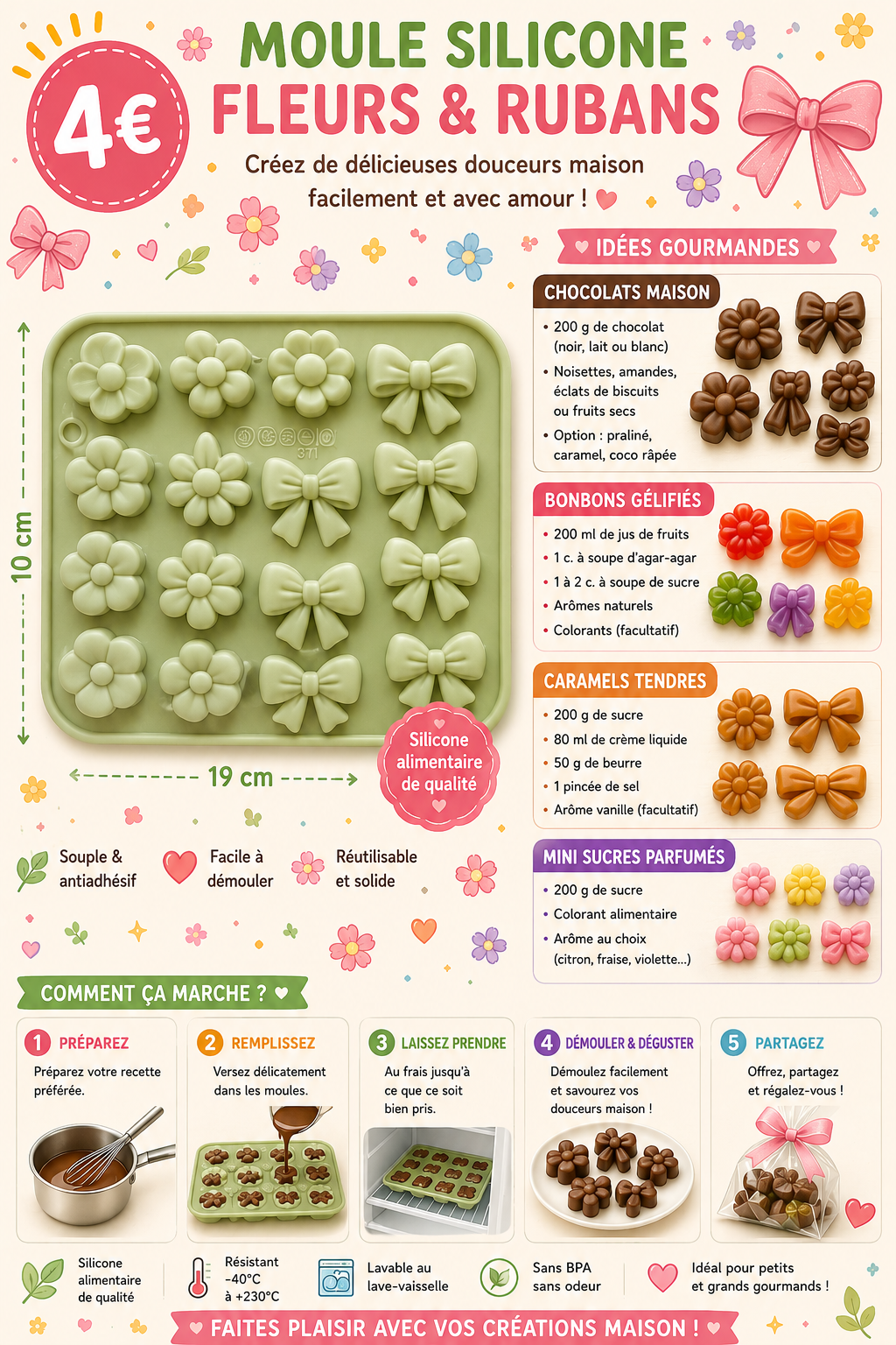 Moule silicone Petites fleurs et rubans pour bonbons / chocolats
