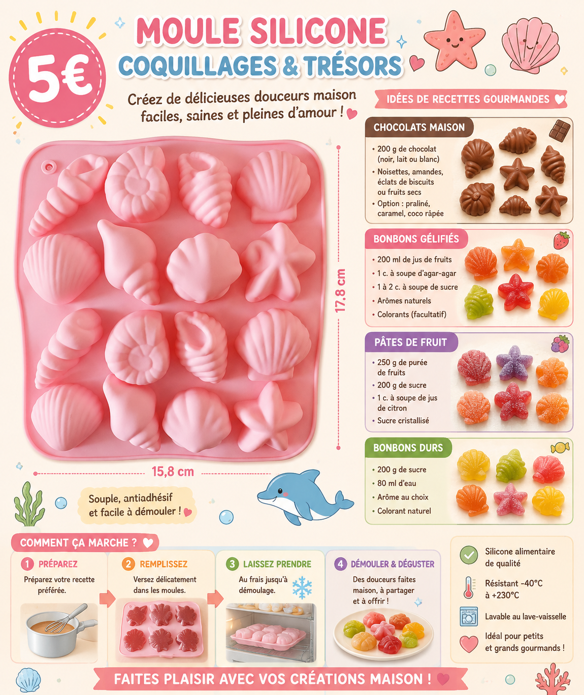 Moule silicone à bonbons / chocolats ' Coquillages '