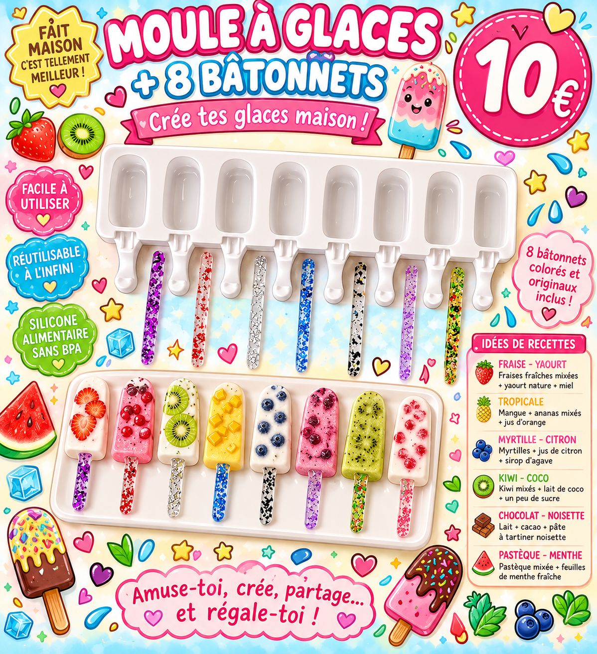 Moule à glaces  8 minis esquimaux + 8 batônnets réutilisables et lavables