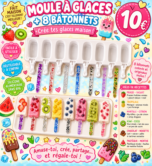 Moule à glaces  8 minis esquimaux + 8 batônnets réutilisables et lavables
