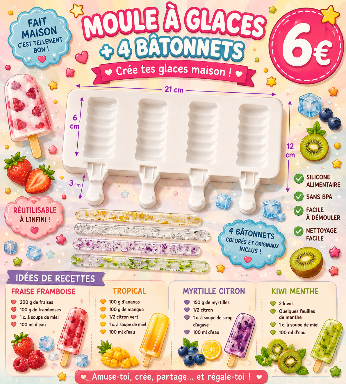 Moule à glaces forme Spirale + 4 batônnets réutilisables et lavables