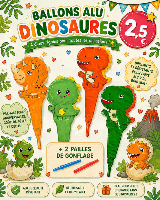 4 ballons aluminium Dinosaures + 2 accessoires pour gonfler