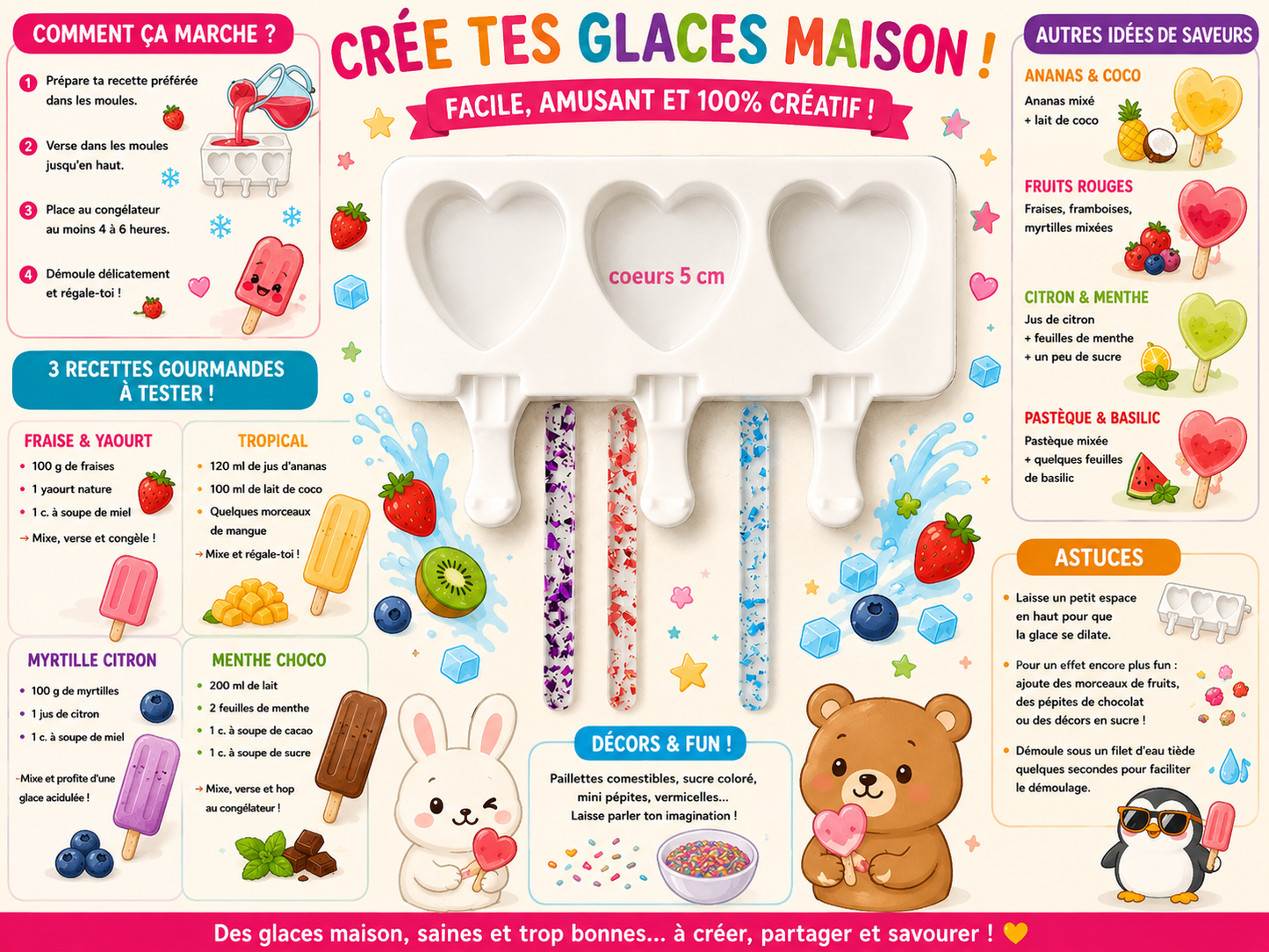 Moule à glaces 3 coeurs   ( silicone souple ) + 3 batônnets réutilisables et lavables