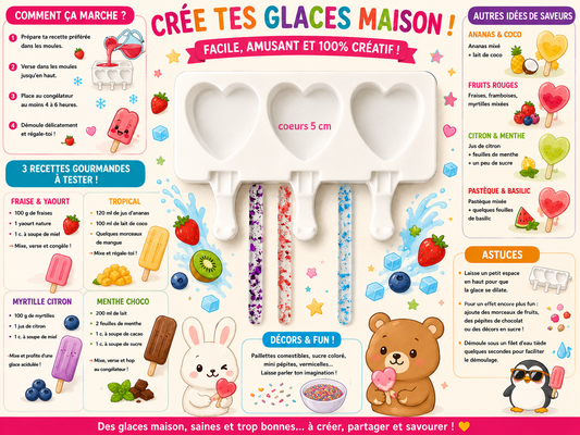 Moule à glaces 3 coeurs   ( silicone souple ) + 3 batônnets réutilisables et lavables