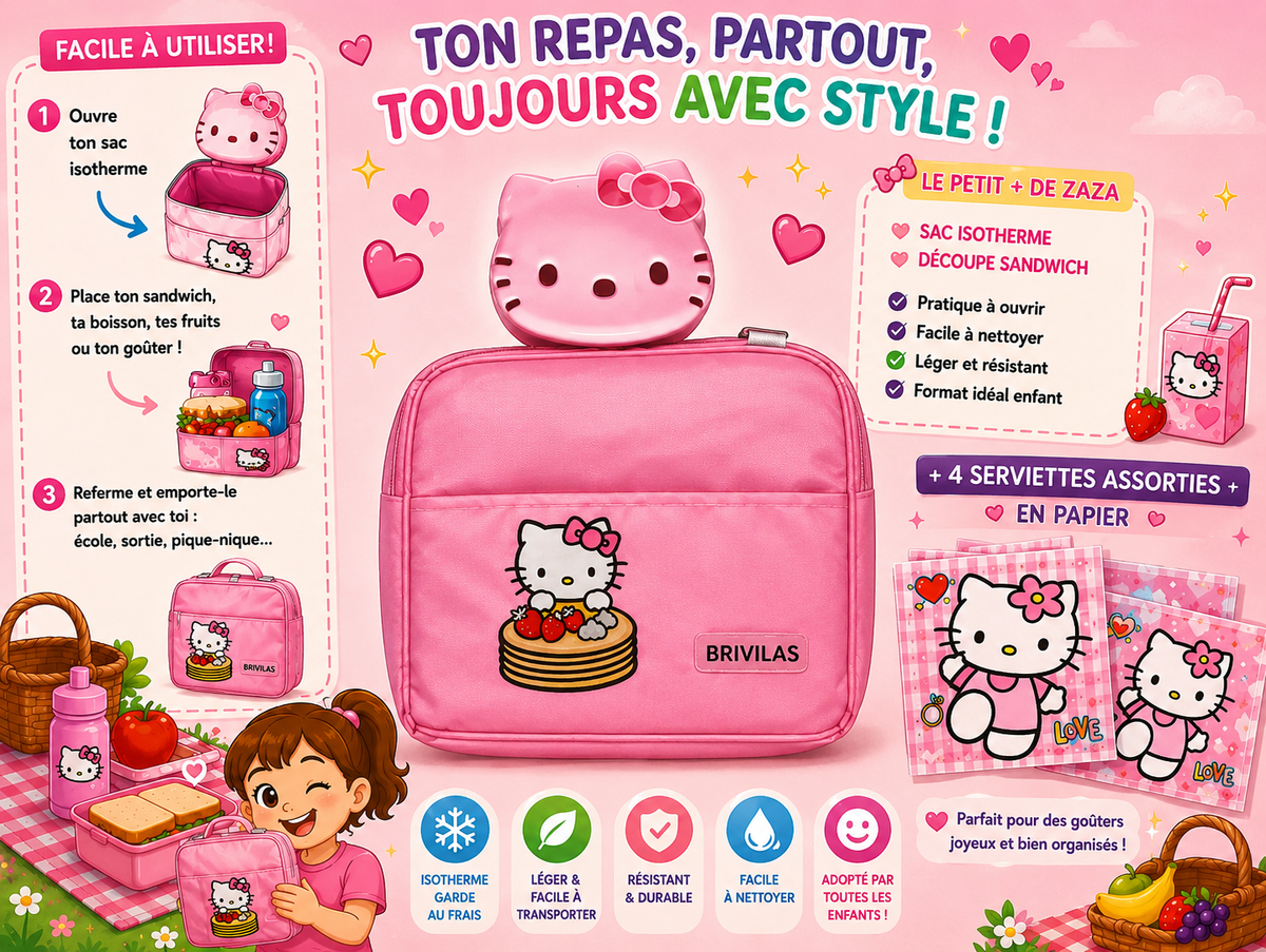 Sac isotherme Hello Kitty + 1 découpe sandwich + 4 serviettes papier