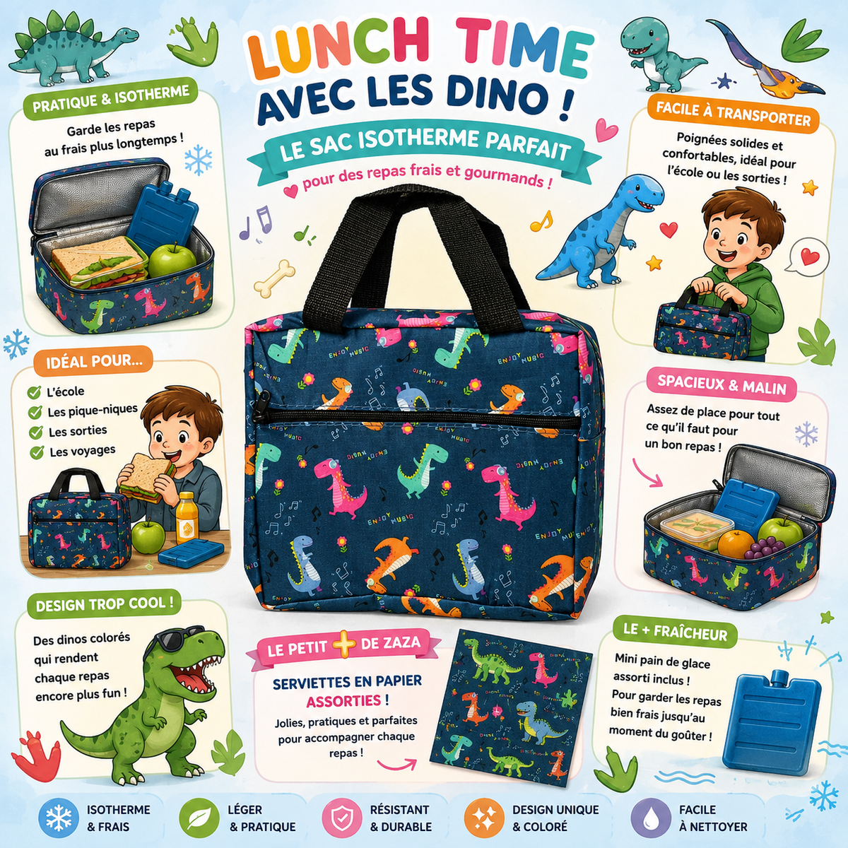 Sac isotherme Dinosaures + 1 mini pain de glace + 4 serviettes en papier assorties