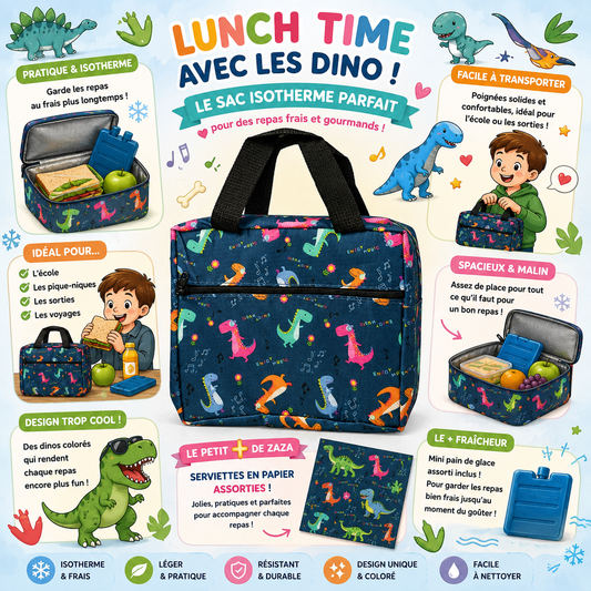 Sac isotherme Dinosaures + 1 mini pain de glace + 4 serviettes en papier assorties