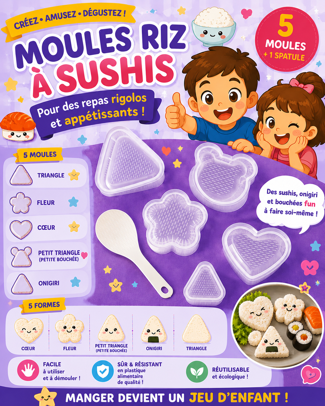 5 moules à riz pour sushis + 1 cuillère à riz