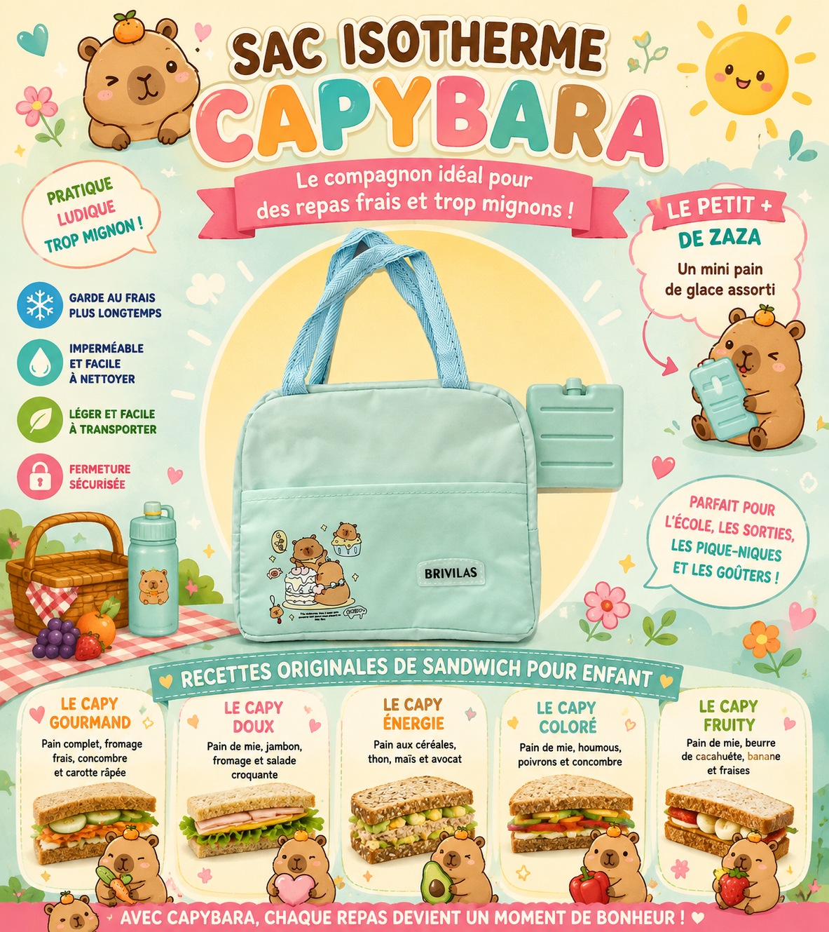 Sac isotherme Capybara + 1 mini pain de glace
