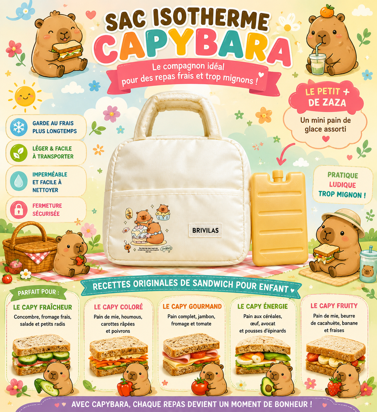 Sac isotherme  Capybara + 1 mini pain de glace