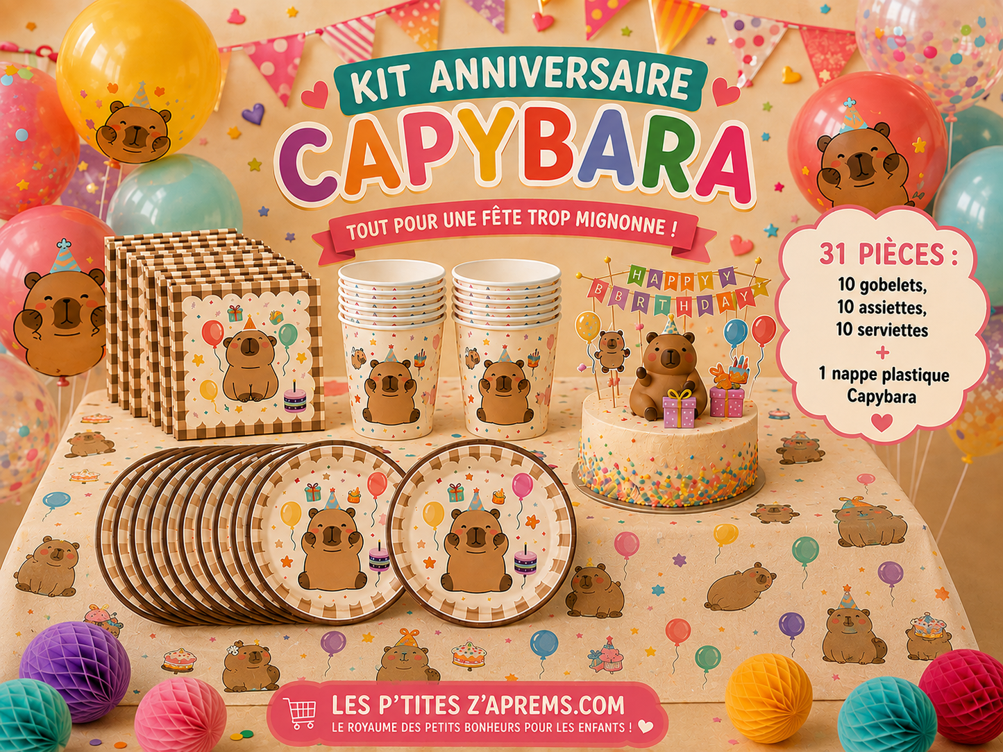 Kit anniversaire Capybara 30 pièces + 1 nappe
