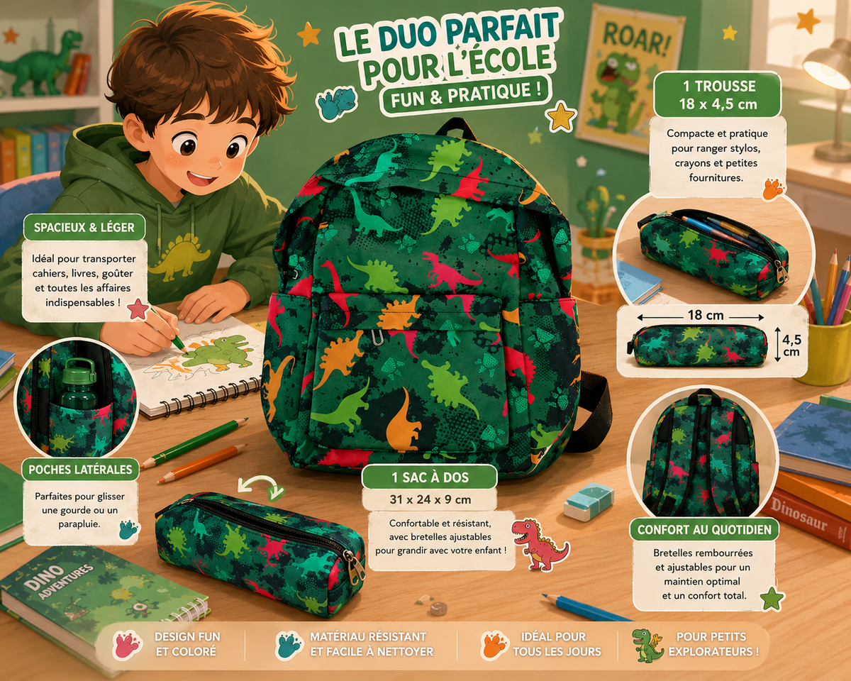 Sac à dos Dinosaures + 1 trousse assortie