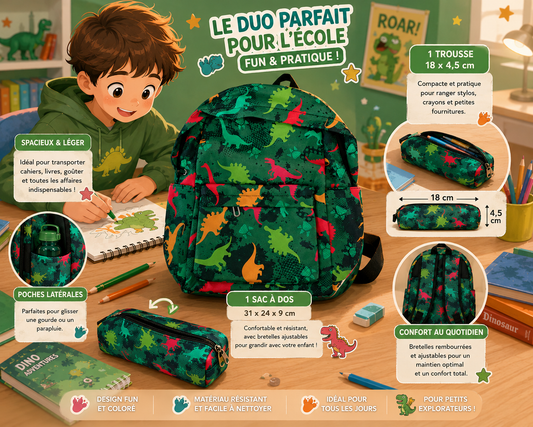 Sac à dos Dinosaures + 1 trousse assortie