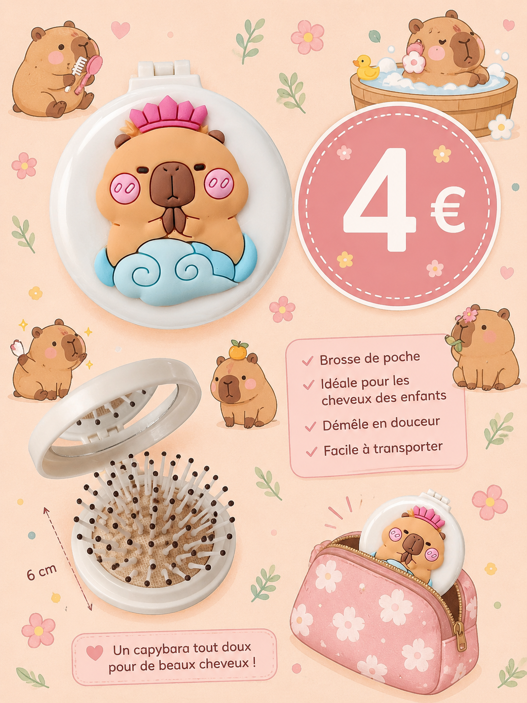 Mini brosse à cheveux de poche Capybara