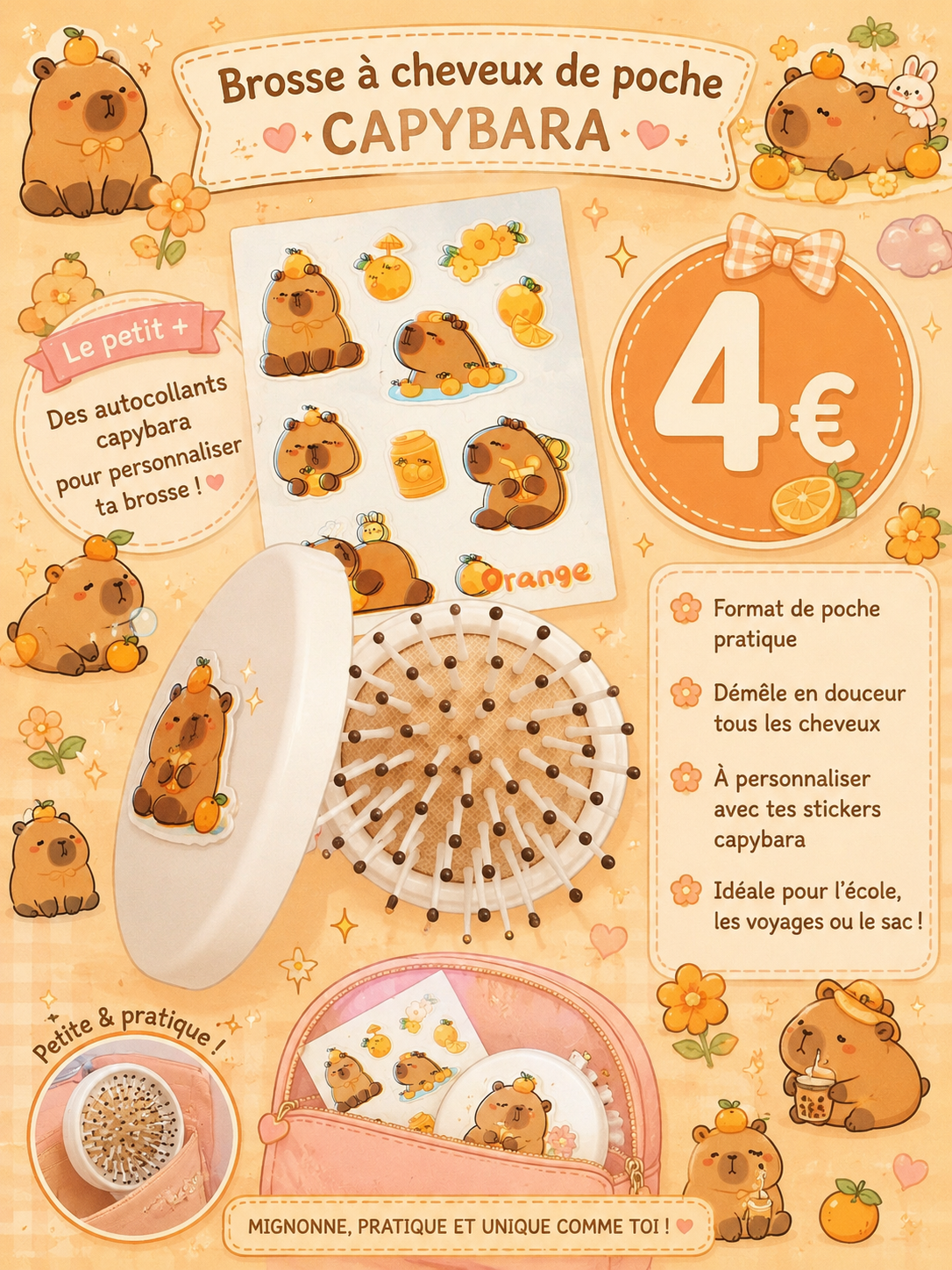 Mini brosse à cheveux de poche Capybara à personnaliser ( autocollants inclus )