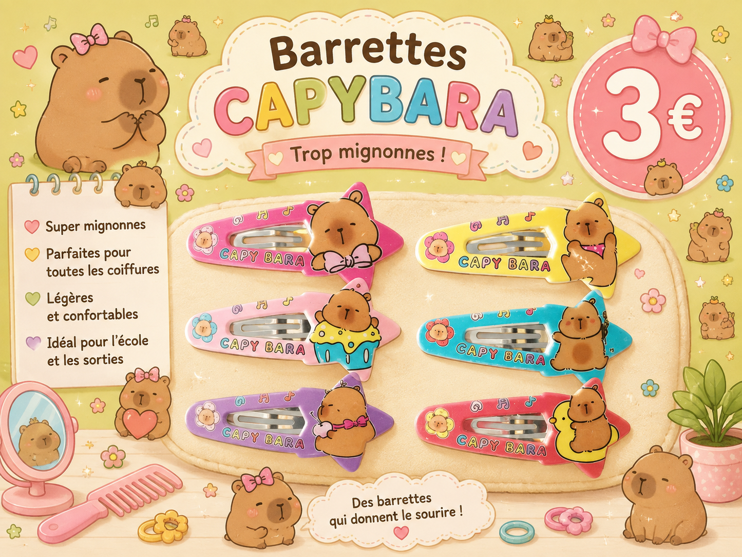 6 barrettes Capybara