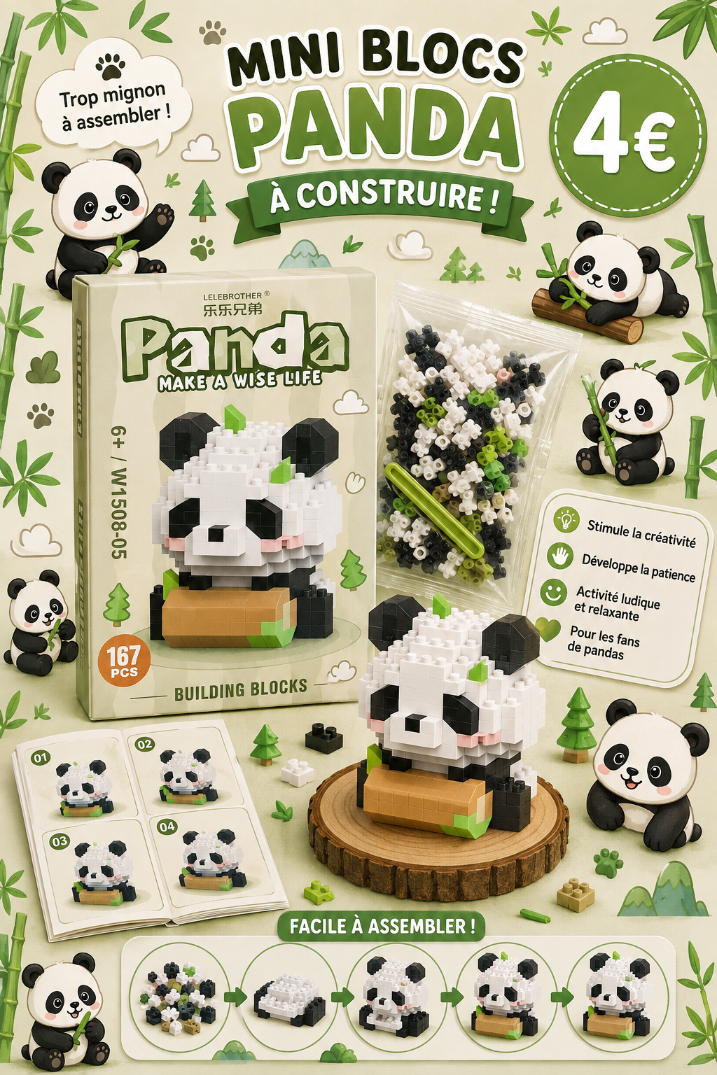 Mini bricks de construction Panda avec sa bûche
