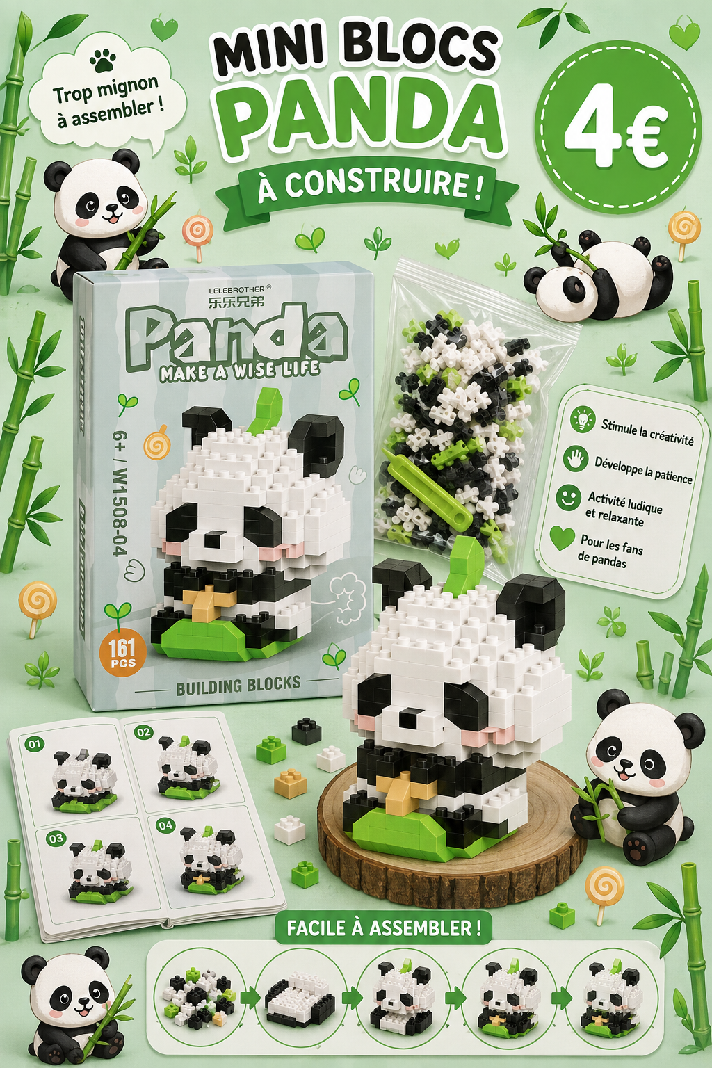 Mini bricks de construction Panda avec son jeu
