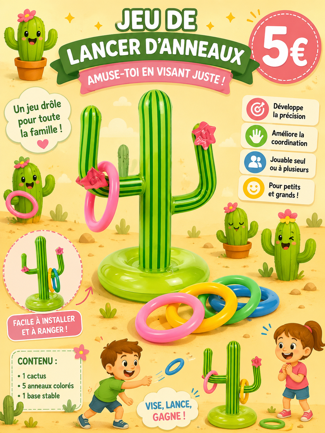 Jeu Cactus gonflable avec ses 4 anneaux