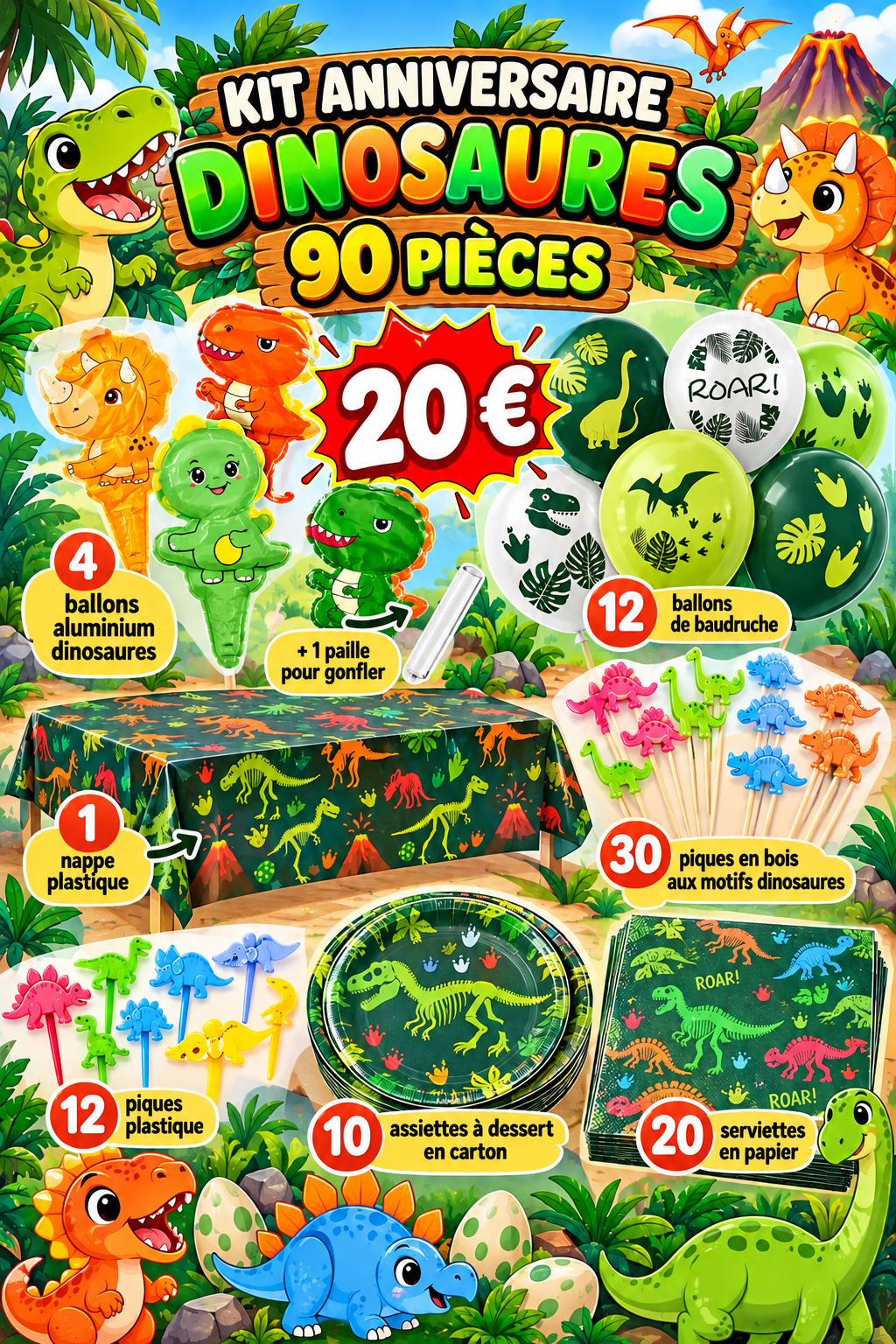 Kit anniversaire Dinosaures : 90 pièces