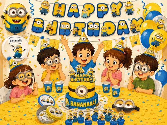 Kit anniversaire Minions : jeu dooble , serviettes , cake topper , banderole et 4 lunettes Minions