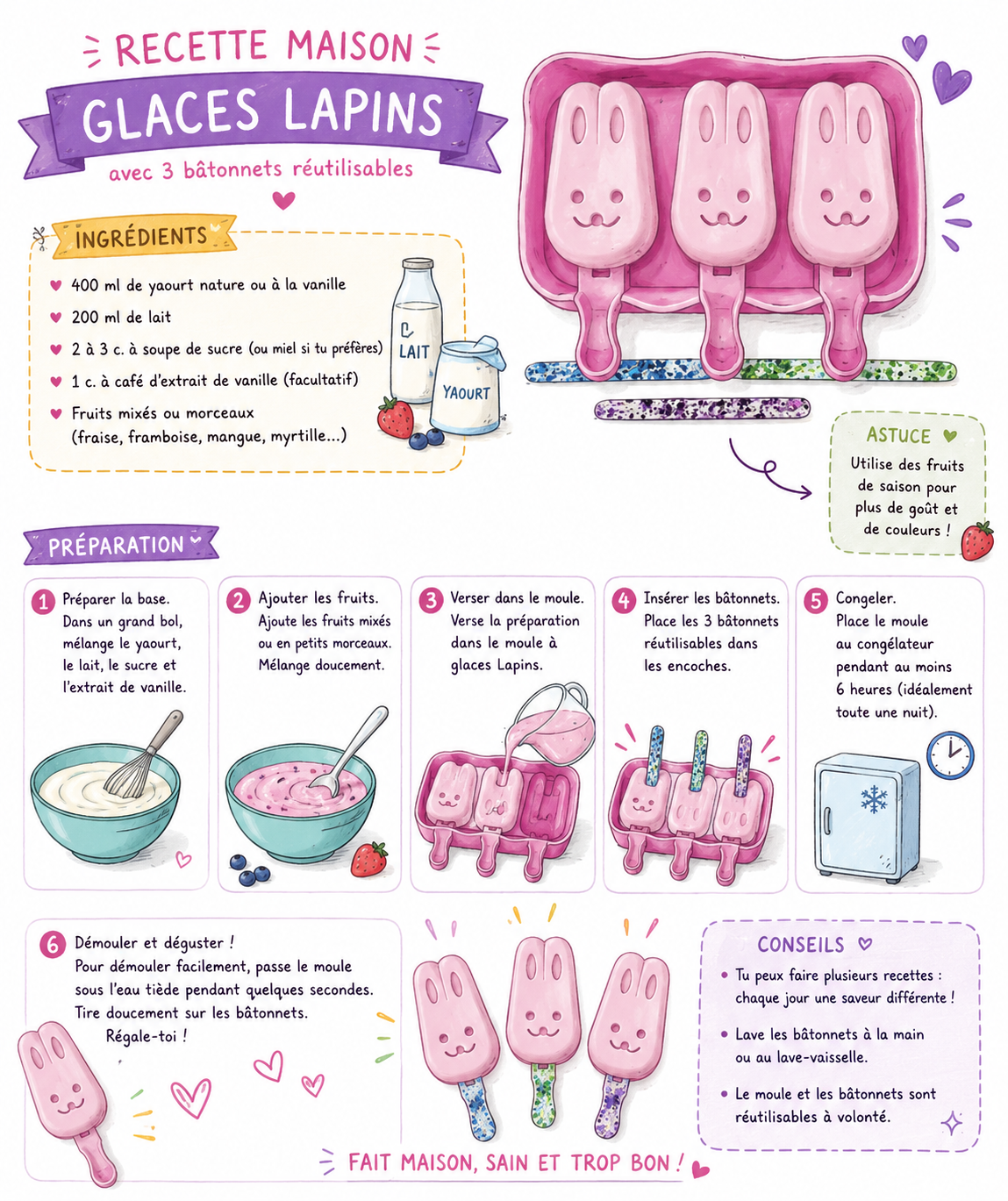 Moule à glaces Lapins + 3 batônnets réutilisables / lavables