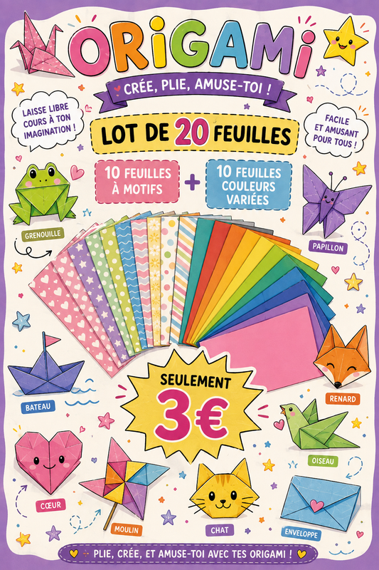 20 feuilles pour origami ( 10 colorées + 10 à motifs ) - sélection aléatoire